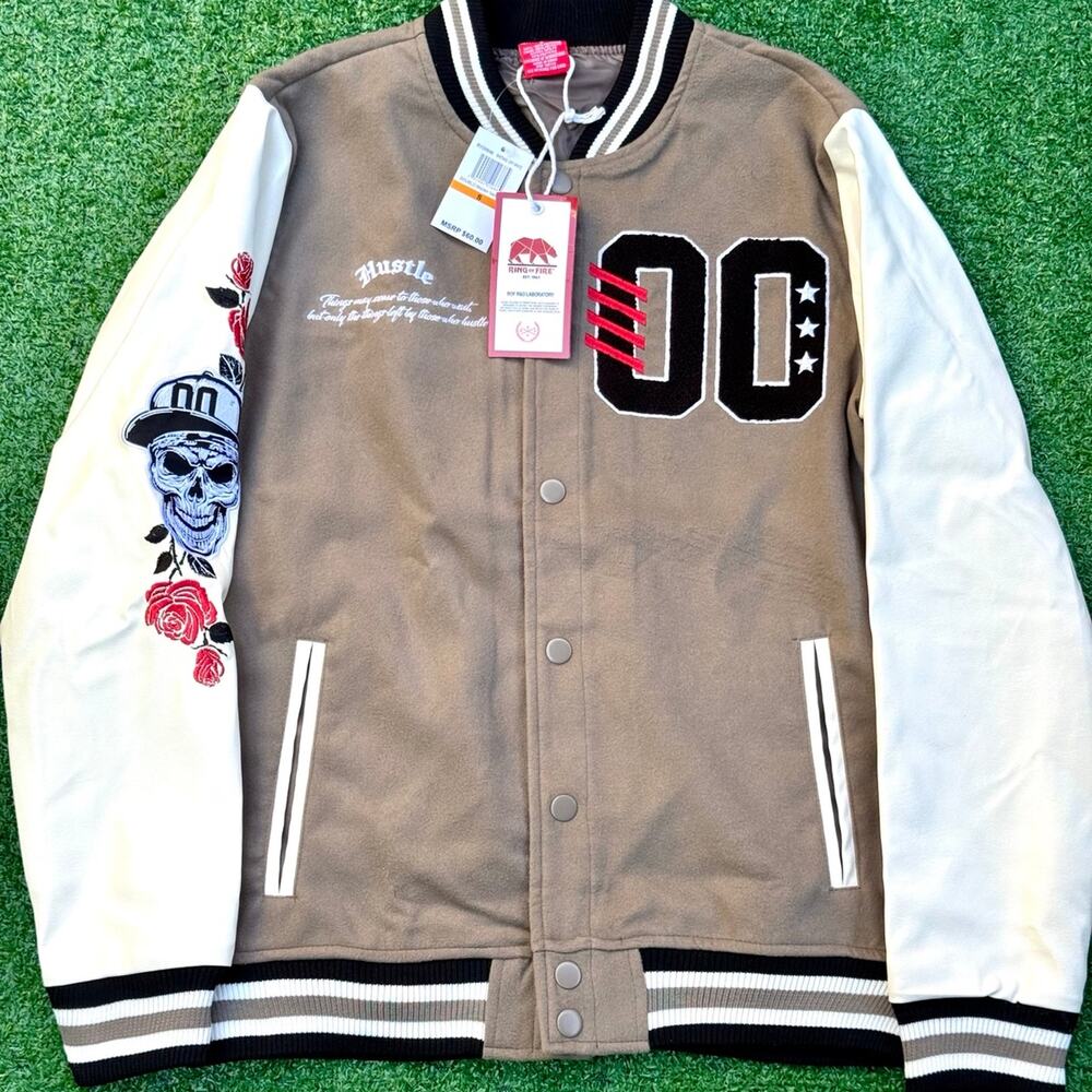 RING OF FIRE Doublo Woolen Varsity Jacket New With Tags “Shiitake/Off White”